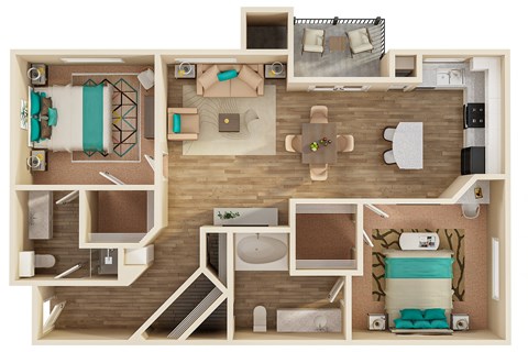 A 3D floor plan of a house showing a living room, kitchen, dining room, and bedrooms.
